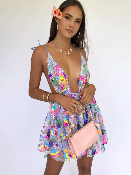 V Backless Sequin Floral Strappy Short Dress