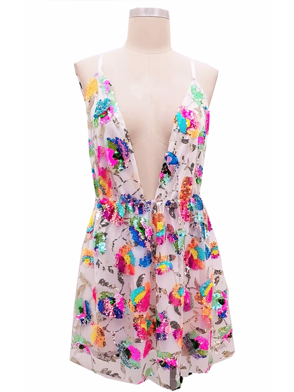 V Backless Sequin Floral Strappy Short Dress