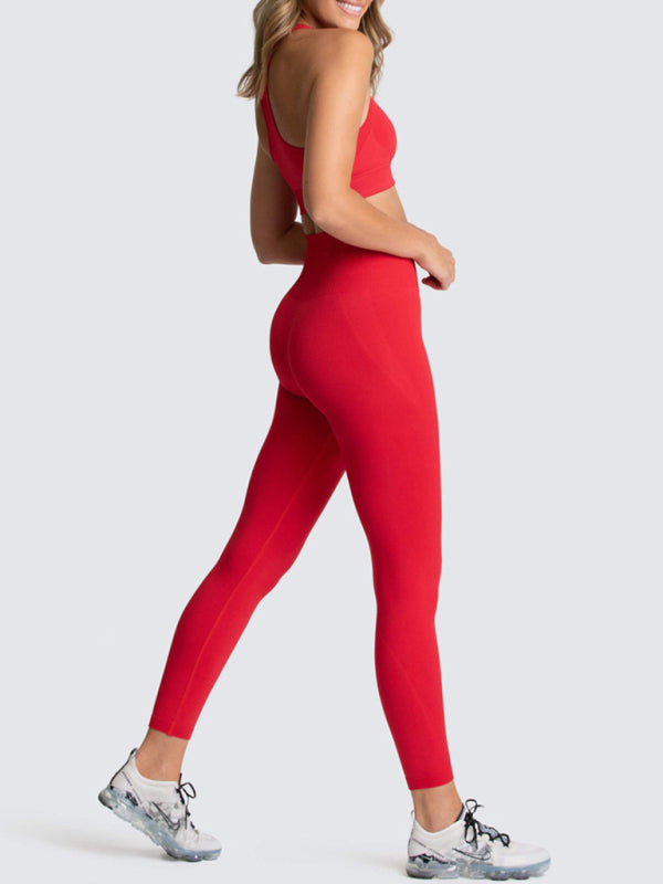 High Waist Peach Hip Seamless Knitted Vest Trousers Two-piece Set