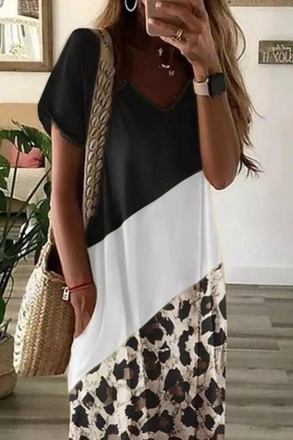 Black Leopard Color Block Side Slit T Shirt Maxi Dress