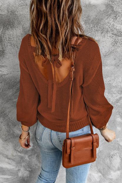 Drop Shoulder Back Cut-out Sweater with Tie