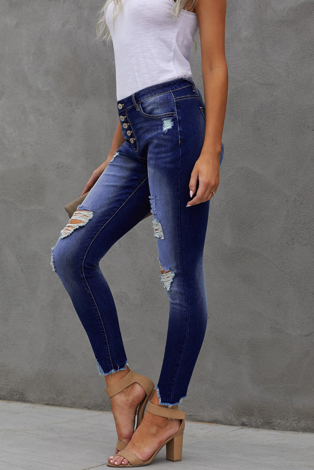 High Rise Button Front Frayed Ankle Skinny Jeans