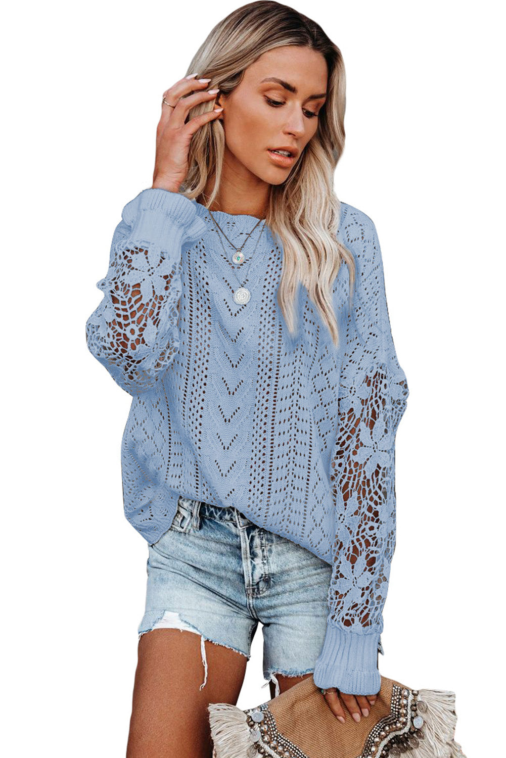 Crochet Lace Pointelle Knit Sweater