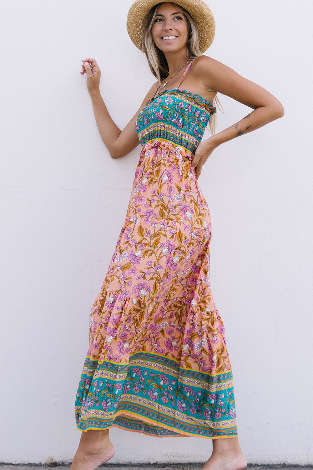 Floral Print Bodice Spaghetti Strap Maxi Dress