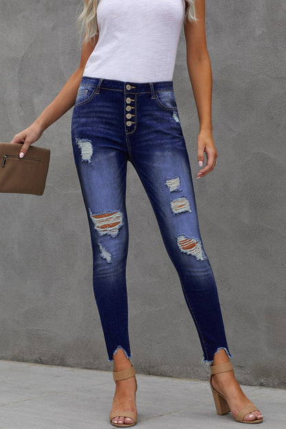 High Rise Button Front Frayed Ankle Skinny Jeans