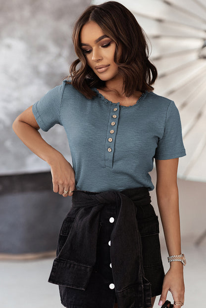 Buttoned Ribbed Knit Short Sleeve Top