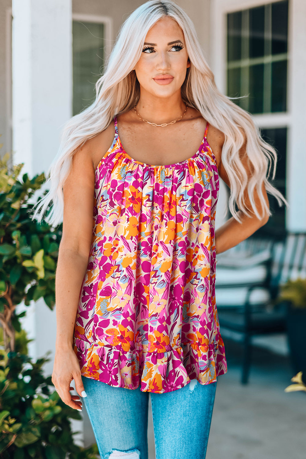 Floral Print Loose Fit Spaghetti Strap Tank Top