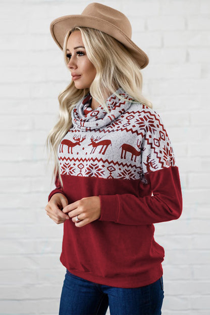 Black/Burgundy/Green Christmas Elk Print Cowl Neck Knit Top