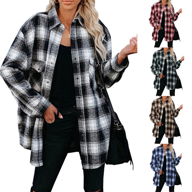 Plaid  Loose Blouse With Turndown Collar