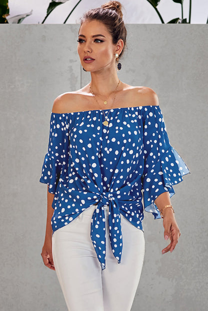 Polka Dot 3/4 Bell Sleeve Off Shoulder Front Tie Knot Top