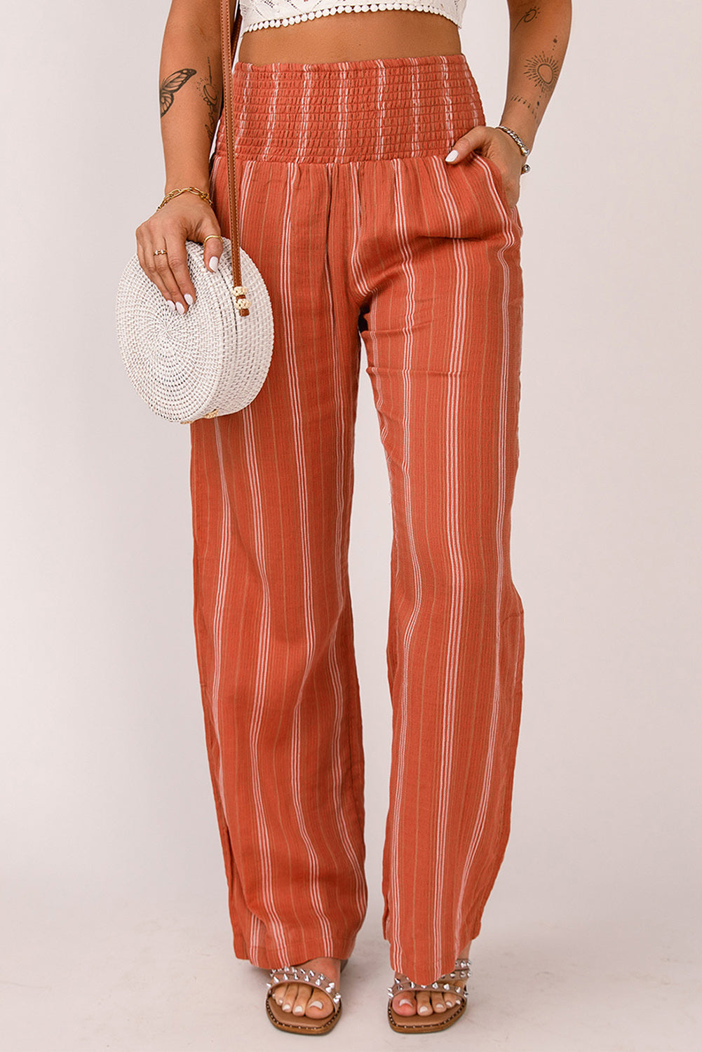 Striped Shirred High Waist Straight Leg Pants