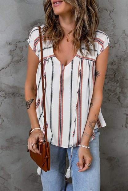 Striped Print Loose V Neck Short Sleeve Top