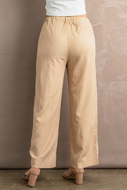 Khaki Drawstring Waist Crinkled Wide Leg Pants