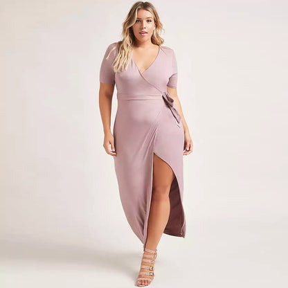 Sexy V-Neck Short-Sleeved Long Dress With Strappy Slit