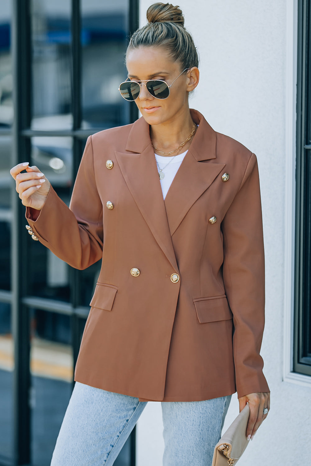 Double Breasted Lapel Long Sleeve Blazer