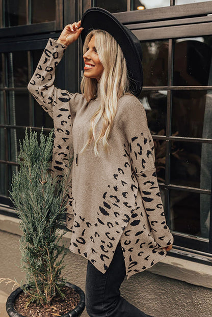 Khaki Leopard High Neck Side Slit Oversized Sweater