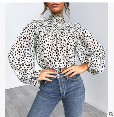 Sexy printed turtleneck button long-sleeved blouse shirt