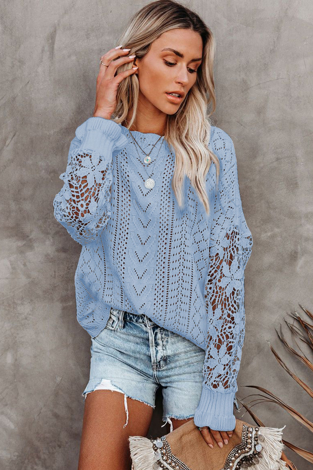 Crochet Lace Pointelle Knit Sweater