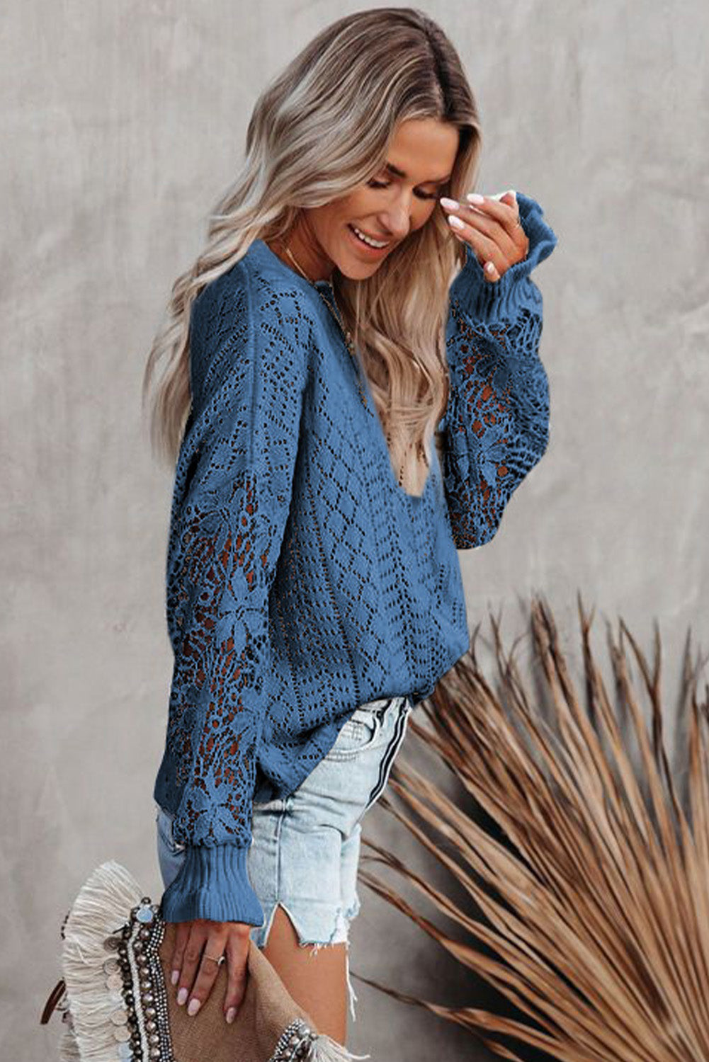 Crochet Lace Pointelle Knit Sweater