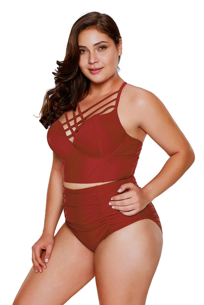 Rosy Strappy Neck Detail High Waist Swimsuit