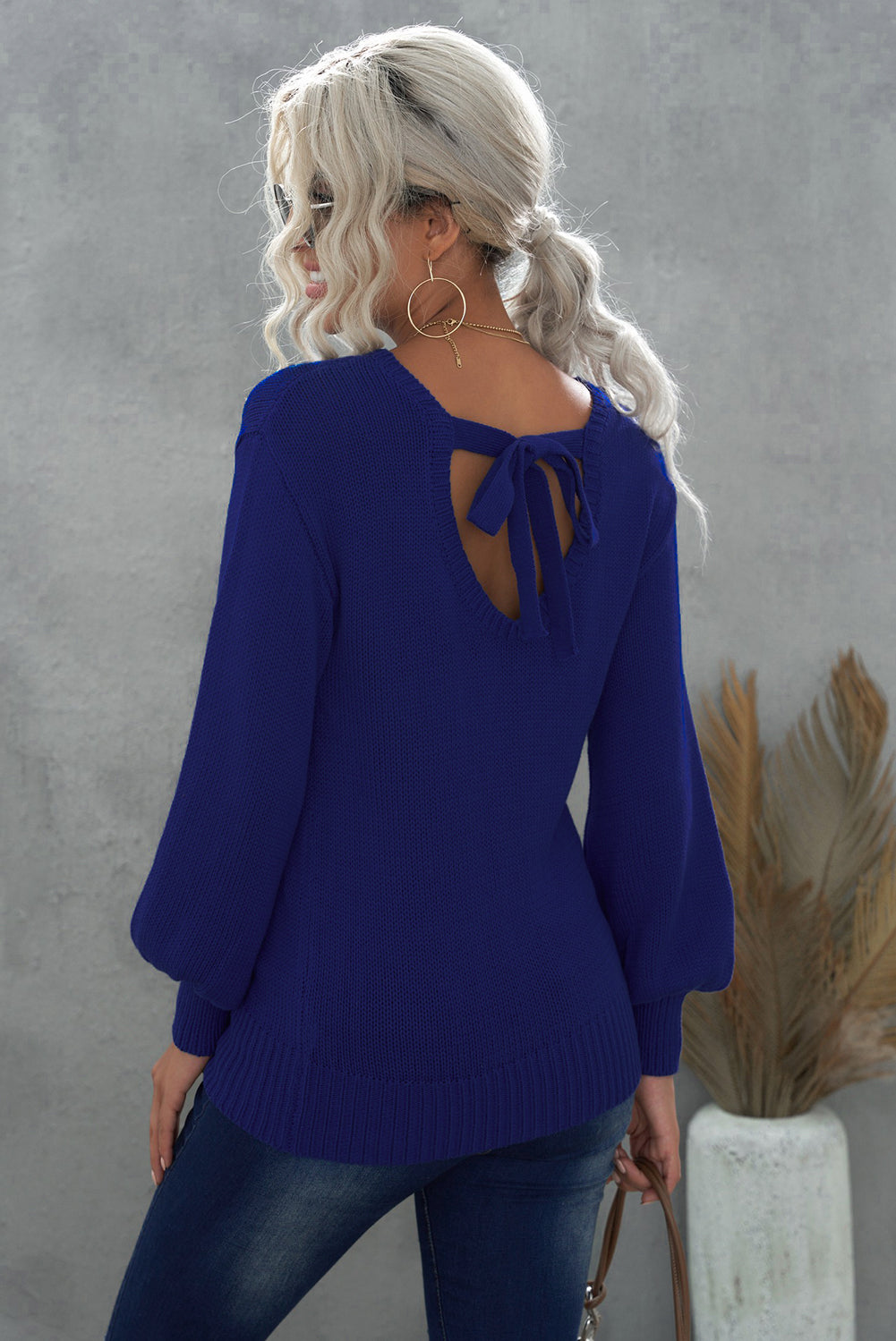 Drop Shoulder Back Cut-out Sweater with Tie