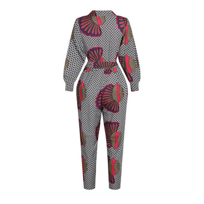 Long-sleeved V-neck Jumpsuit African Style Cropped Trousers