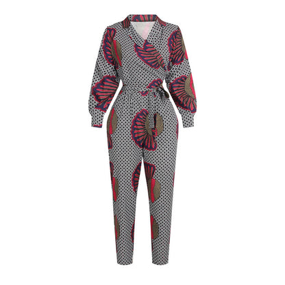 Long-sleeved V-neck Jumpsuit African Style Cropped Trousers