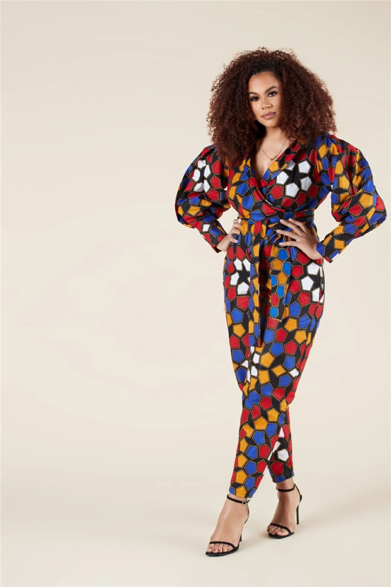 Long-sleeved V-neck Jumpsuit African Style Cropped Trousers