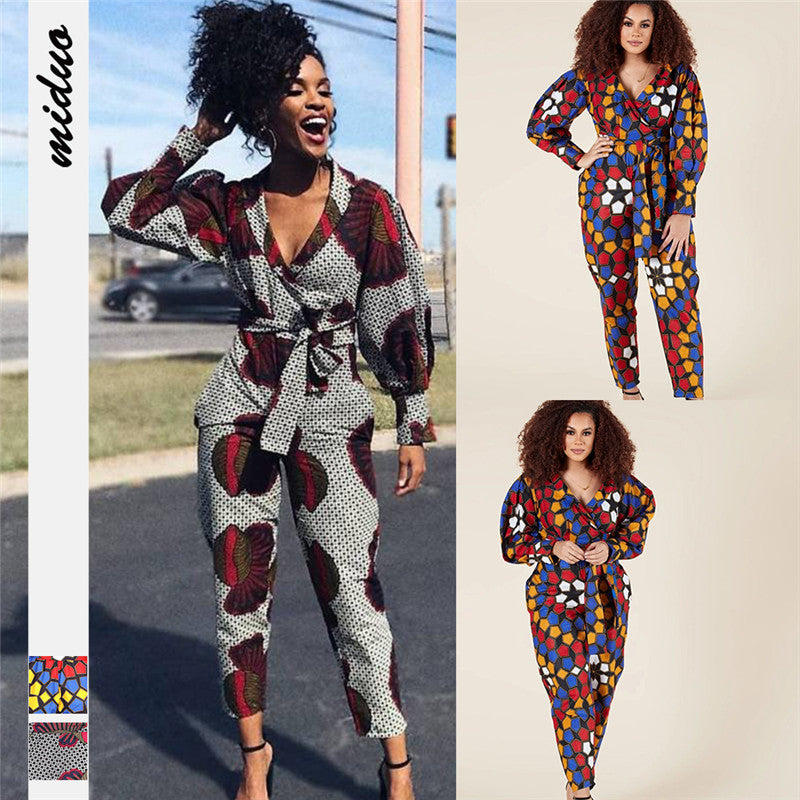 Long-sleeved V-neck Jumpsuit African Style Cropped Trousers