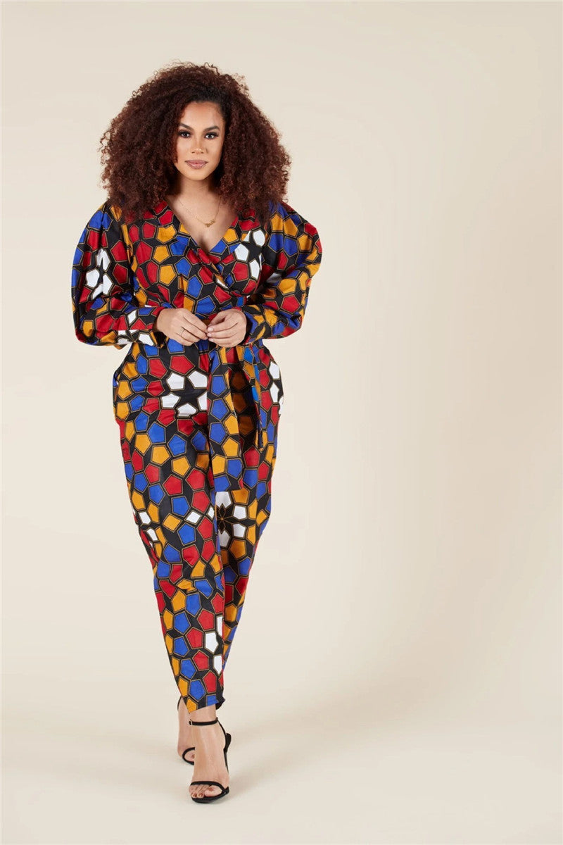 Long-sleeved V-neck Jumpsuit African Style Cropped Trousers