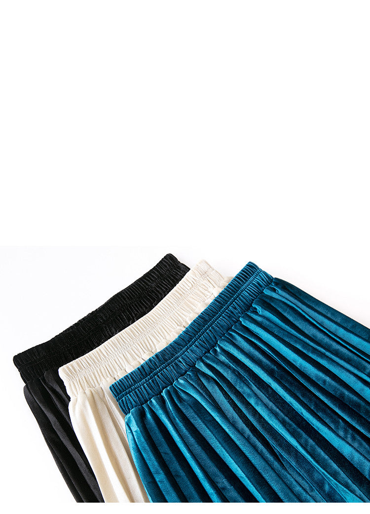 Velvet Skirt High Waisted Skinny Large Swing Long Pleated Skirts Metallic