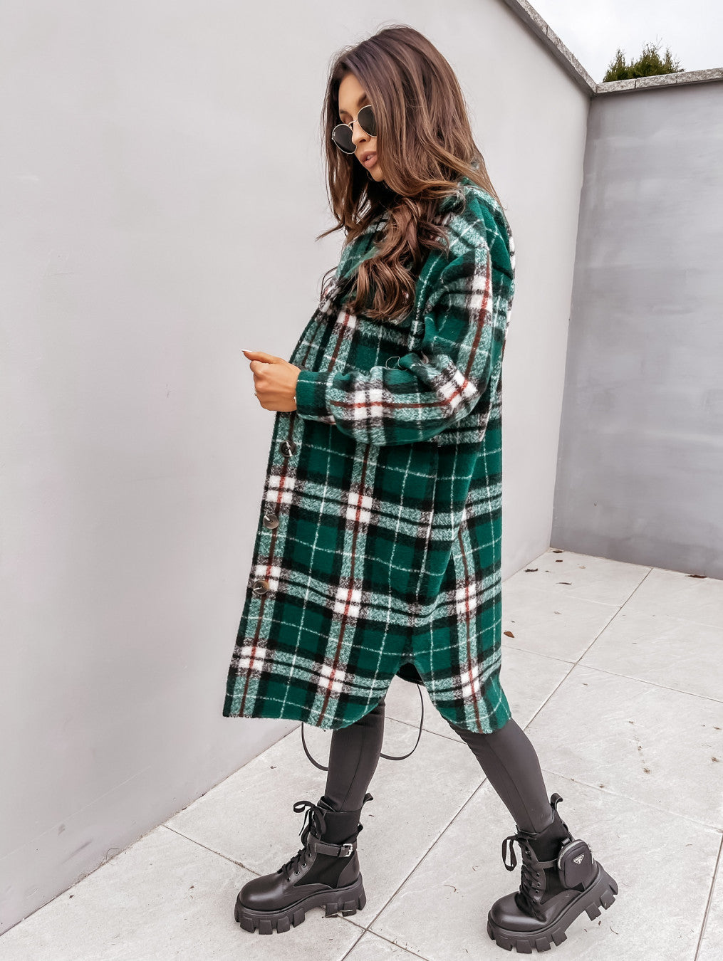 Button Lapel Casual Warm Plaid Long Woollen Shacket