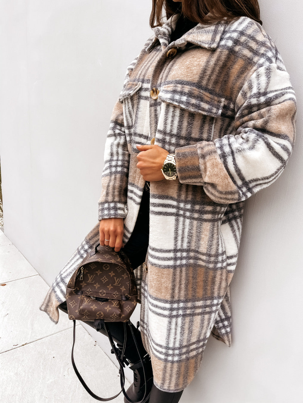 Button Lapel Casual Warm Plaid Long Woollen Shacket