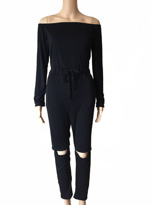 One Line Collar Oblique Shoulder Jumpsuit