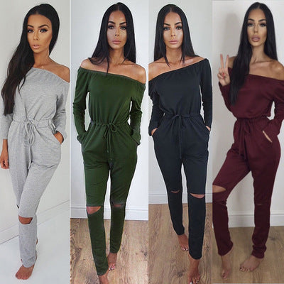 One Line Collar Oblique Shoulder Jumpsuit