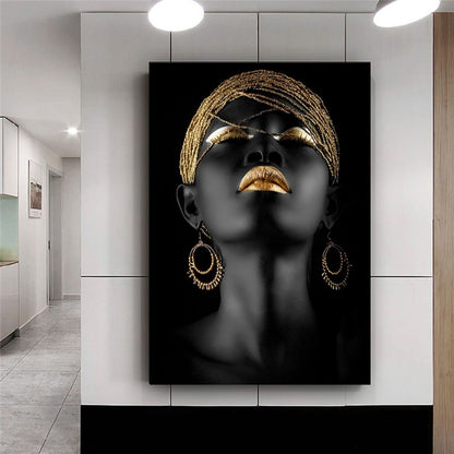 Decorative Painting Of Modern Style African Women Golden Earrings Lips