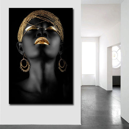 Decorative Painting Of Modern Style African Women Golden Earrings Lips