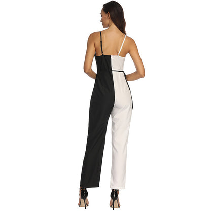 Black And White Colour Matching Sexy Sling Jumpsuit Trousers