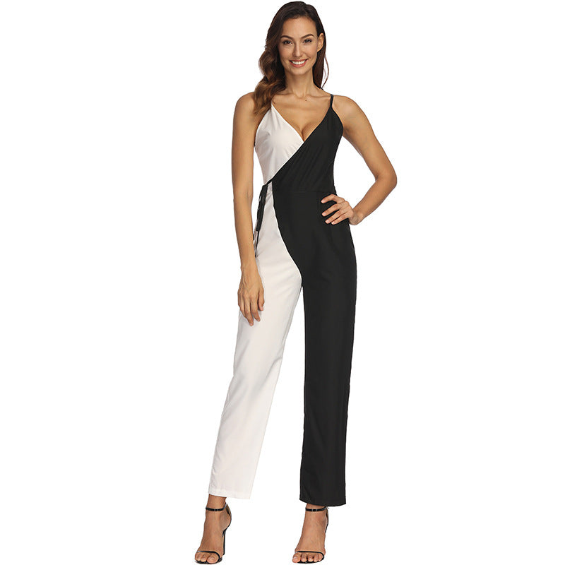 Black And White Colour Matching Sexy Sling Jumpsuit Trousers