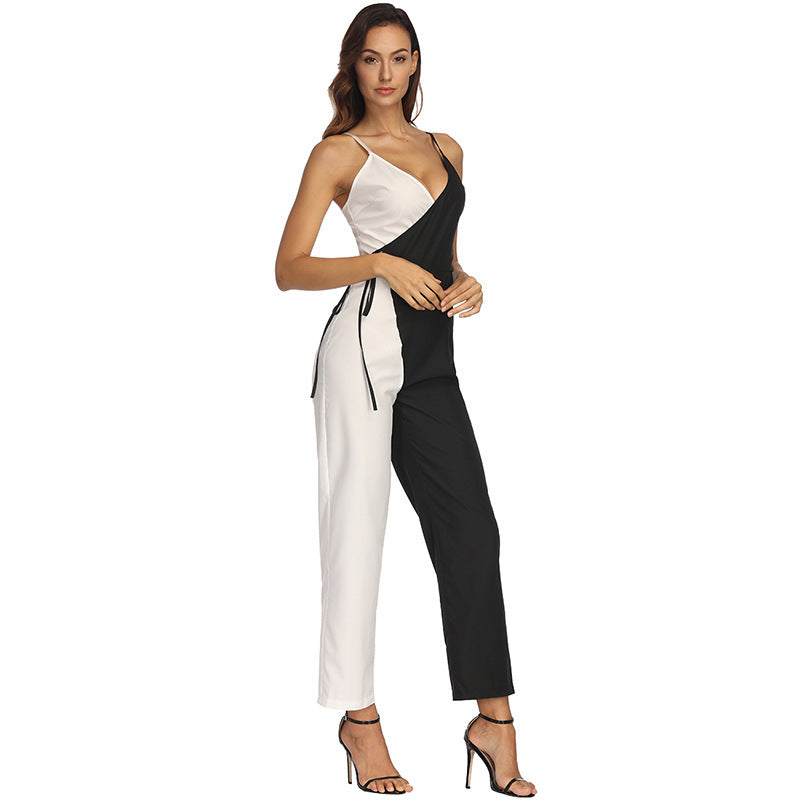 Black And White Colour Matching Sexy Sling Jumpsuit Trousers