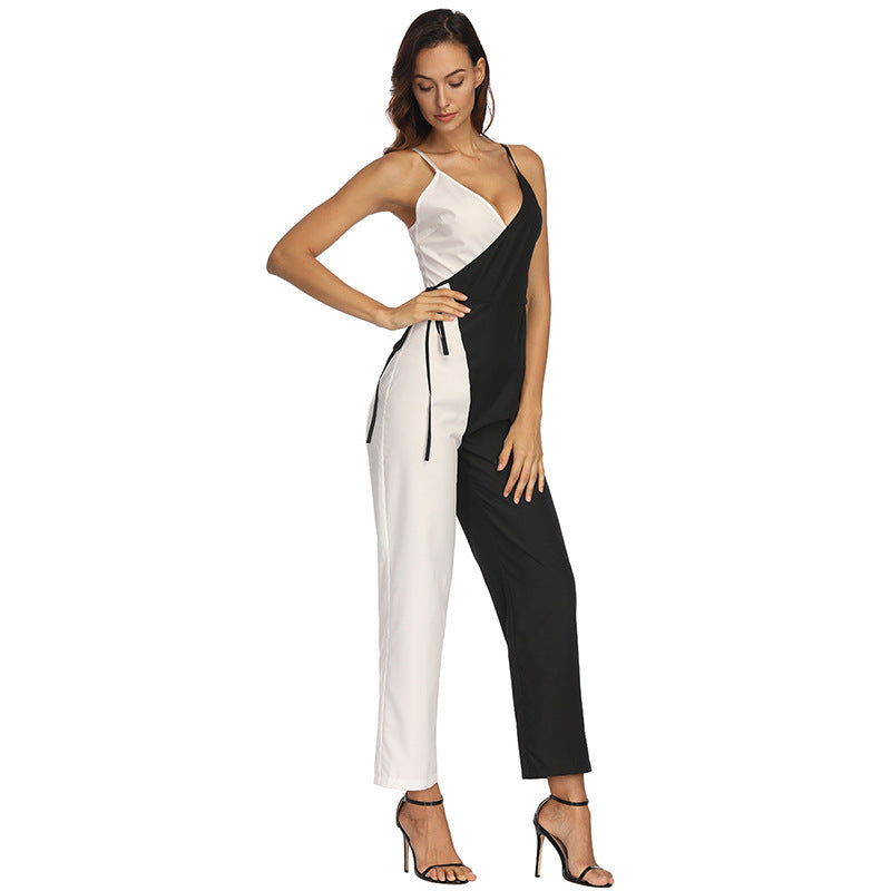 Black And White Colour Matching Sexy Sling Jumpsuit Trousers