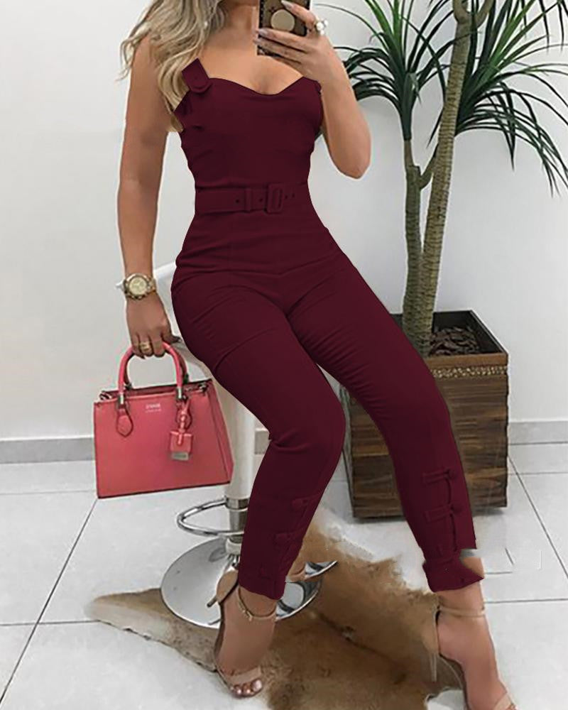 Sling V-neck One-piece Jumpsuit With Belt