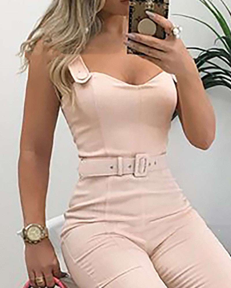 Sling V-neck One-piece Jumpsuit With Belt