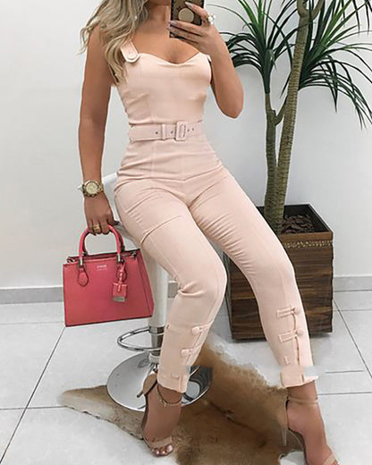 Sling V-neck One-piece Jumpsuit With Belt