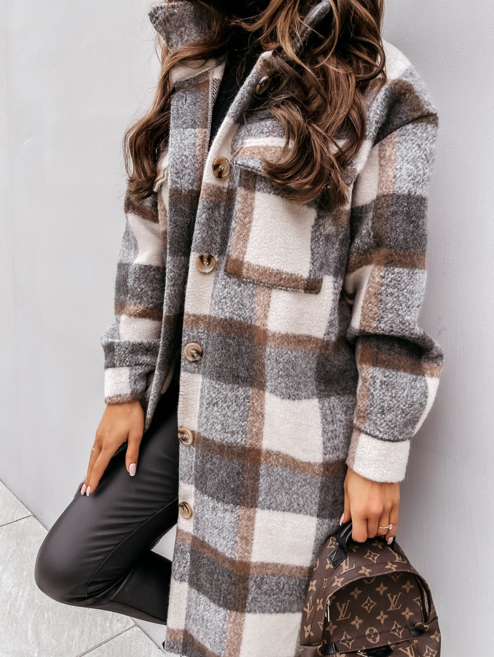 Button Lapel Casual Warm Plaid Long Woollen Shacket