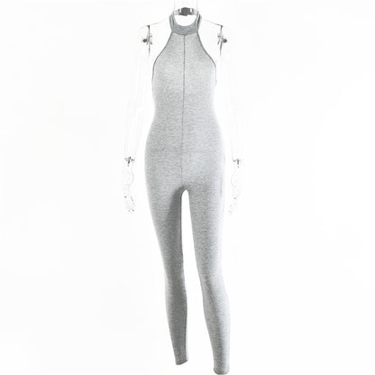 Sleeveless Halterneck Slim-fit Cotton Solid Color Jumpsuit