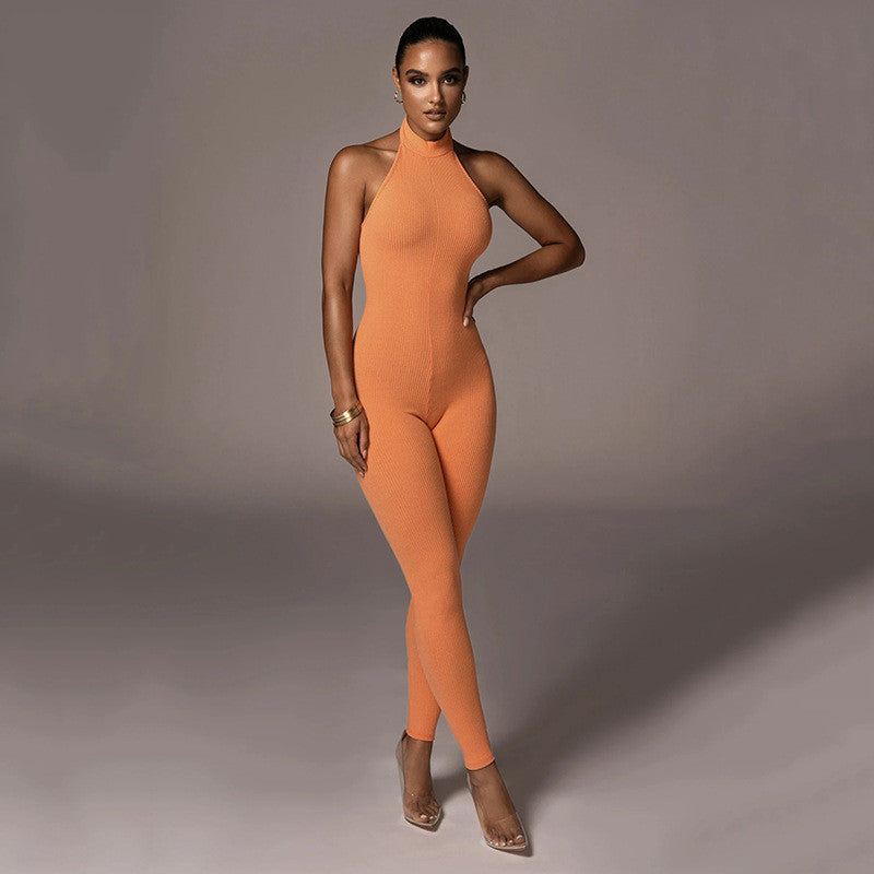 Sleeveless Halterneck Slim-fit Cotton Solid Color Jumpsuit