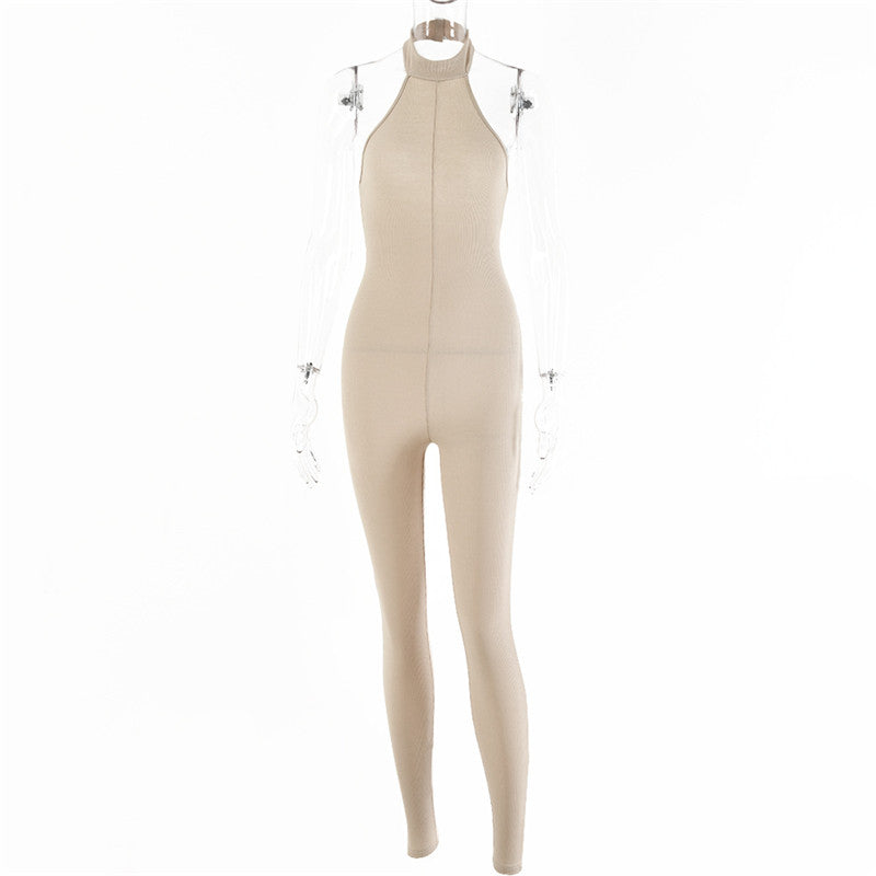 Sleeveless Halterneck Slim-fit Cotton Solid Color Jumpsuit