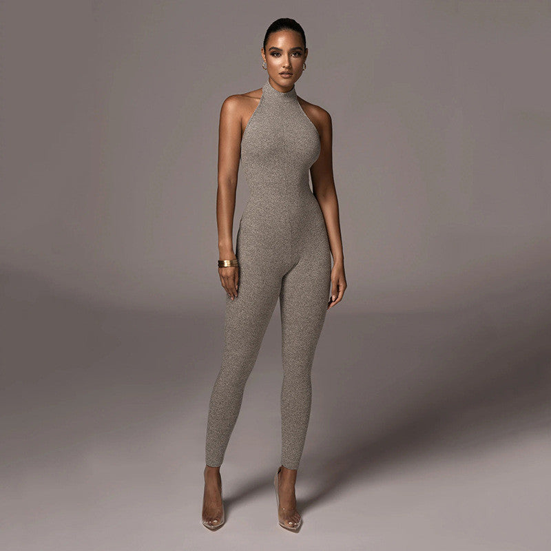 Sleeveless Halterneck Slim-fit Cotton Solid Color Jumpsuit