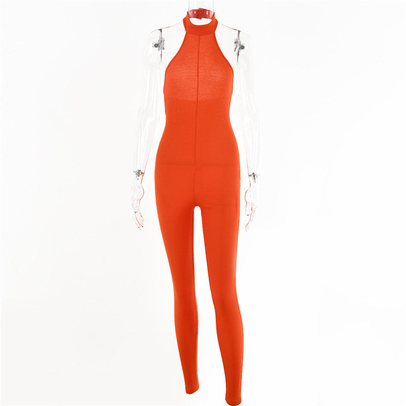 Sleeveless Halterneck Slim-fit Cotton Solid Color Jumpsuit